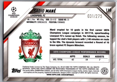 2021-22 Topps Chrome UCL Sadio Mane #110 Black Mini Diamond Refractor /275 - Picture 2 of 2