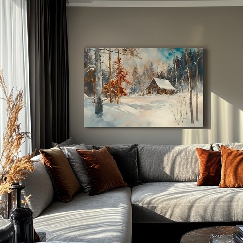 Rustikales Blockhaus verschneiter Winterwald Aquarell Gemälde Druck Leinwand Wandbild - Bild 5 von 15