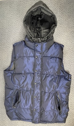 Express Men's Medium Electric Blue Puffer Vest with Black Lining Removable Hood - Picture 9 of 16