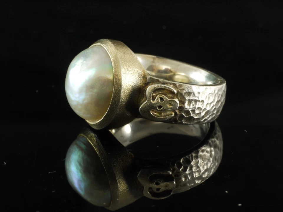 925 Sterlingsilber Ring mit hellgrauer Mabe Perle vergoldete Fassung Gr 55 - Bild 3 von 4