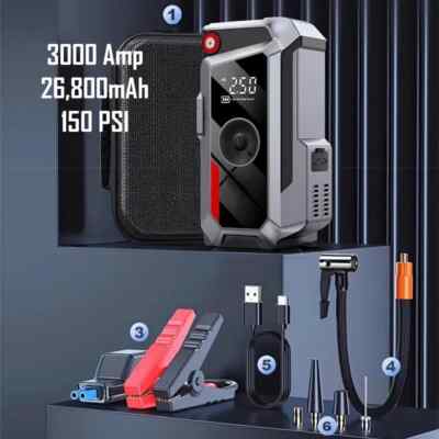Portable 3000A High-Current Car Jump Starter w/ 150 psi Digital Tire Inflator