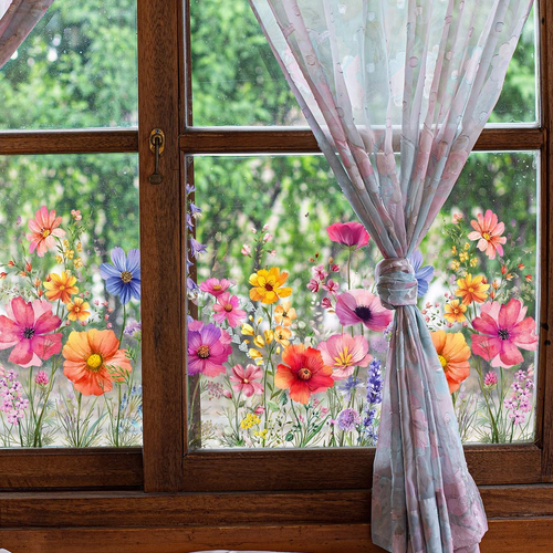 2 Set Flower Window Clings for Glass Windows, Colorful Floral Bouquet Window Sti - Picture 2 of 7