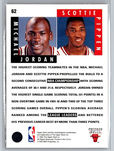 1992-93 Upper Deck #62b Michael Jordan / Scottie Pippen - Picture 2 of 2