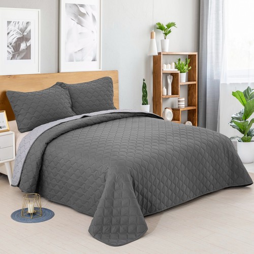 White/Grey Bedspread Coverlet Set Queen King Size Quilted Throw Rug Bedding Set - Picture 25 of 30