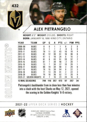 Alex Pietrangelo 2021 Upper Deck #432 Vegas Golden Knights - Picture 2 of 2