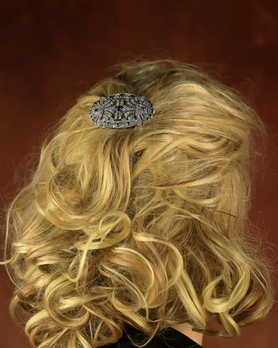 Hair Comb Art Deco Antique Gold Large Oval White Blue Rhinestones 1920s QD22 - Picture 5 of 6