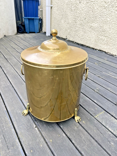 GROSSE ANTIKE ART DECO MESSING LÖWENTATZE FÜSSE DECKEL KOHLE BOX AUFBEWAHRUNGSEIMER MÜLLEIMER - Bild 4 von 16