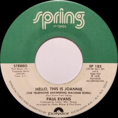 Paul Evans - Hello, This Is Joannie (The Telephone Answering Machine Song) 7'', S