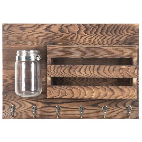 Burnt Wood Key and Mail Holder for Wall Decor with 6 Hooks and Mason Jar Vase - Picture 2 of 7