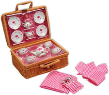 Butterfly Tea Set Basket - 23 Piece Miniature Porcelain Set with Picnic Basket -