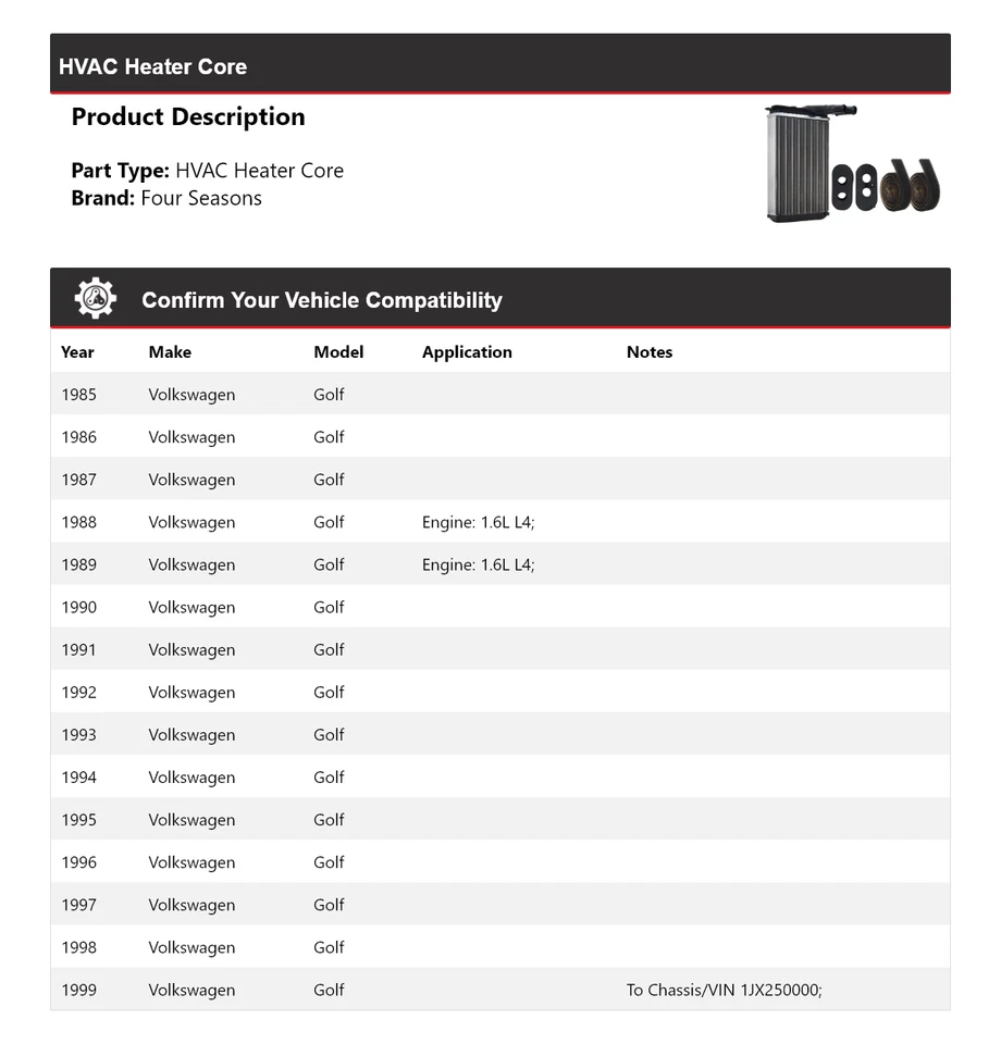 Núcleo de calefacción de climatización para Volkswagen Golf 1985-1999 4 estaciones 1986 1987 1988 1989 Foto 2 de 4