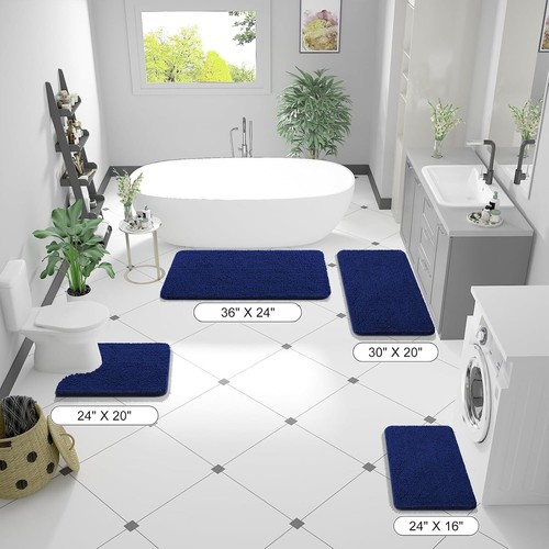 Machine Washable 47" x 32" Chenille Bath Mat - Absorbent & Easy Care Navy Rug - Picture 4 of 9