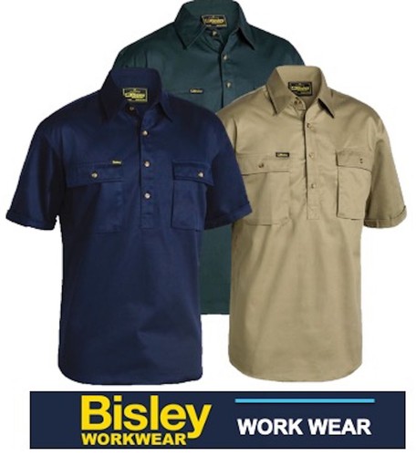 BISLEY WORKWEAR - COTTON DRILL CLOSED FRONT SHORT SLEEVE WORK SHIRT -BSC1433 - Picture 1 of 9