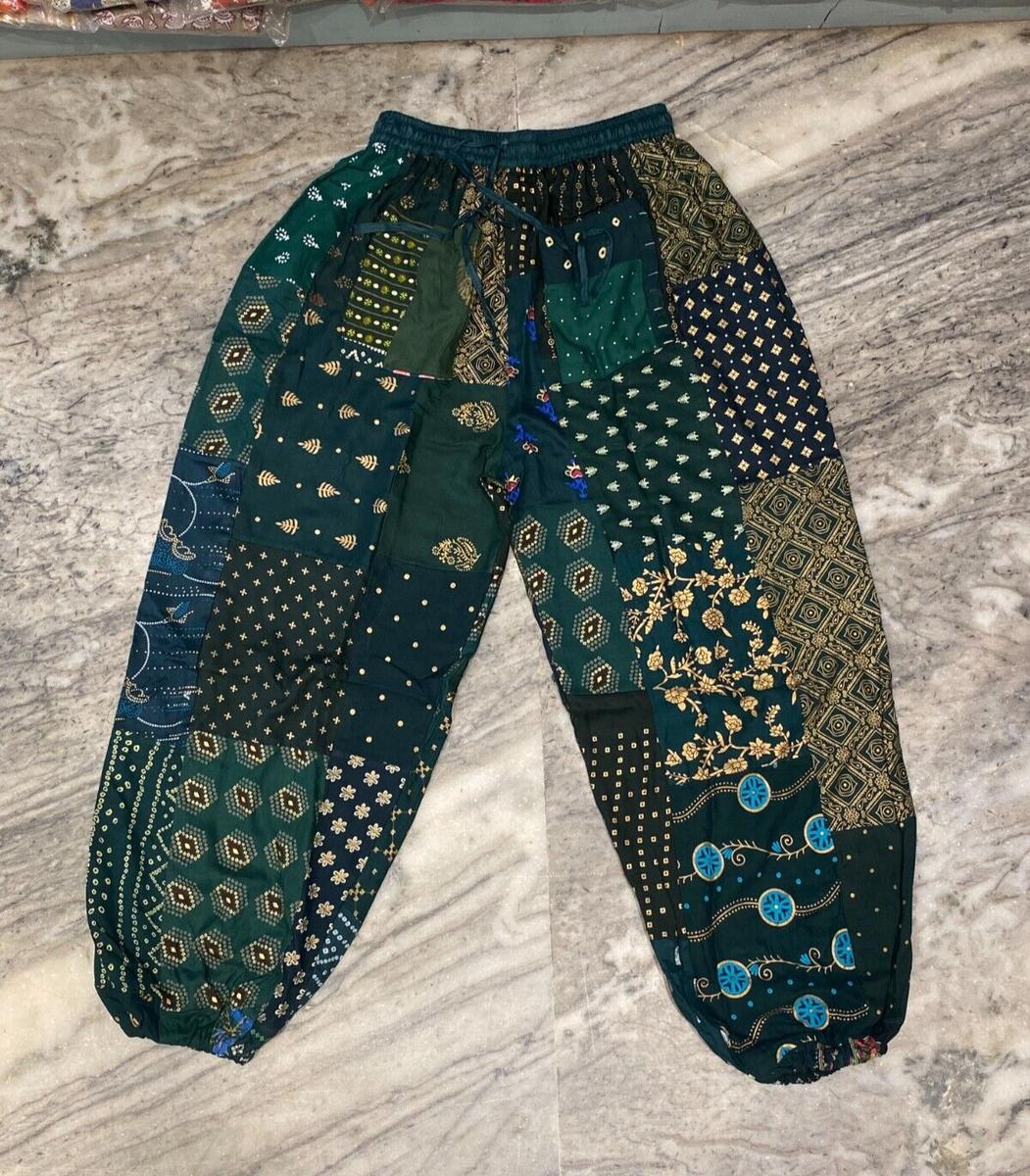 【monち】 10 Pcs Green Patchwork Harem Pants Boho Hippie Pants, Yoga Baggy