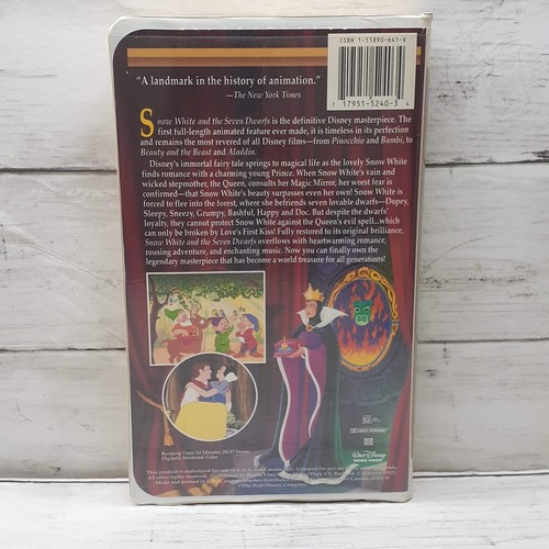 Walt Disney's Masterpiece Snow White and the Seven Dwarfs VHS Clamshell Case - Foto 3 di 3