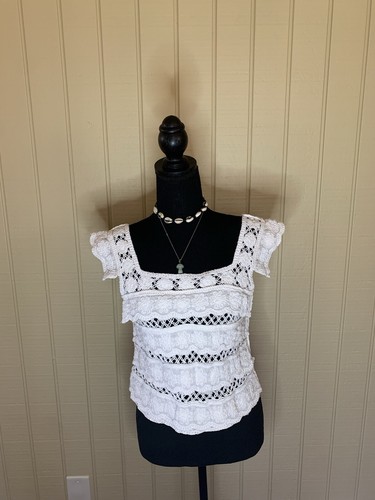 Women’s Gypsy Rose White Crochet and Lace Boho Hippy Festival Fairycore Top ✌🏻 - Picture 2 of 14