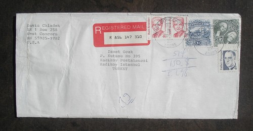 US SC 2171-2590-2592-2938 REGISTERED POSTAL HISTORY COVER to TURKEY