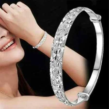 Women 925 Silver Crystal Chain Cuff Charm Bangle Bracelet Fashion Jewelry Gifts