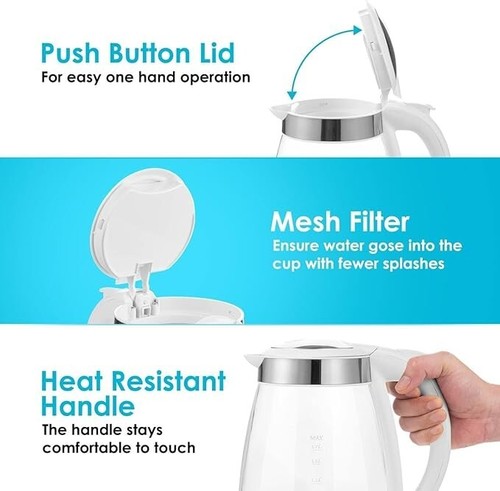 1,7L Glas Wasserkocher 2200W Schnellkochen Kabellos mit 360° Schwenkfuß Push - Bild 18 von 26