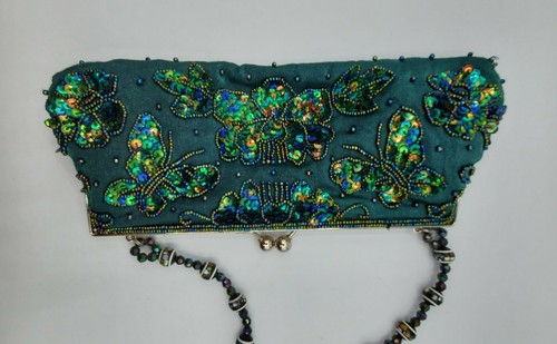 Sequin Flower Butterfly Beaded Clutch Purse Green Party Beads Sequins fancy - Picture 6 of 12