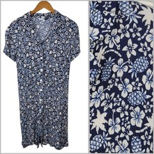 Vintage Shirt Dress size Medium Pineapple Hibiscus Tropical Hawaiian Blue Button
