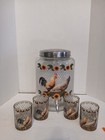 Clear Glass Sunflower Rooster Beverage Dispenser W/ 4 Glasses