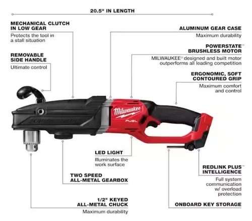 Milwaukee 2809-20 M18 Fuel 18V 1/2 Inch Super Hawg Right Angle Drill Bare Tool - Picture 2 of 7