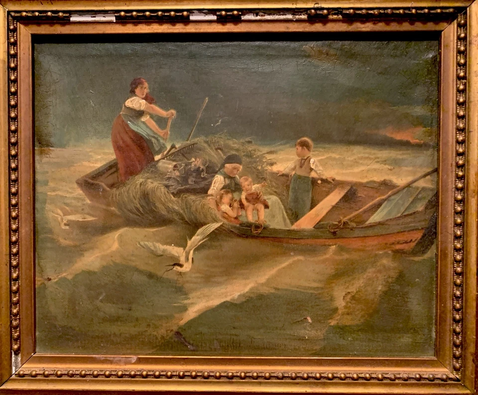 Antigua pintura al óleo sobre lienzo MADRE, NIÑOS Y ABUELA EN EL MAR EN TORMENTA 14x12 Foto 4 de 4