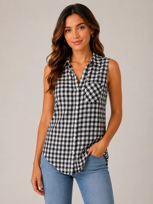 Tally Weijl Damen Bluse 36 S Schwarz Weiß Kariert Ärmellos Baumwolle Hemdbluse - Bild 1 von 3