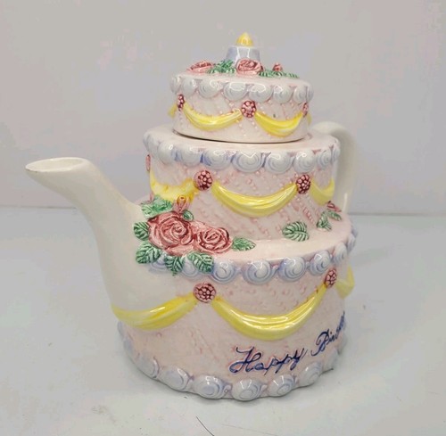 Vintage Ceramic 7.5" Teapot Happy Birthday Pink Rose 3 Tier Layer Cake - Picture 3 of 23