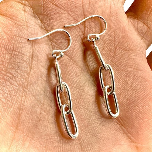 925 Sterling Silver Paperclip Dangle Earrings 3 Link Drop Hooks Lightweight Gift - Picture 5 of 6