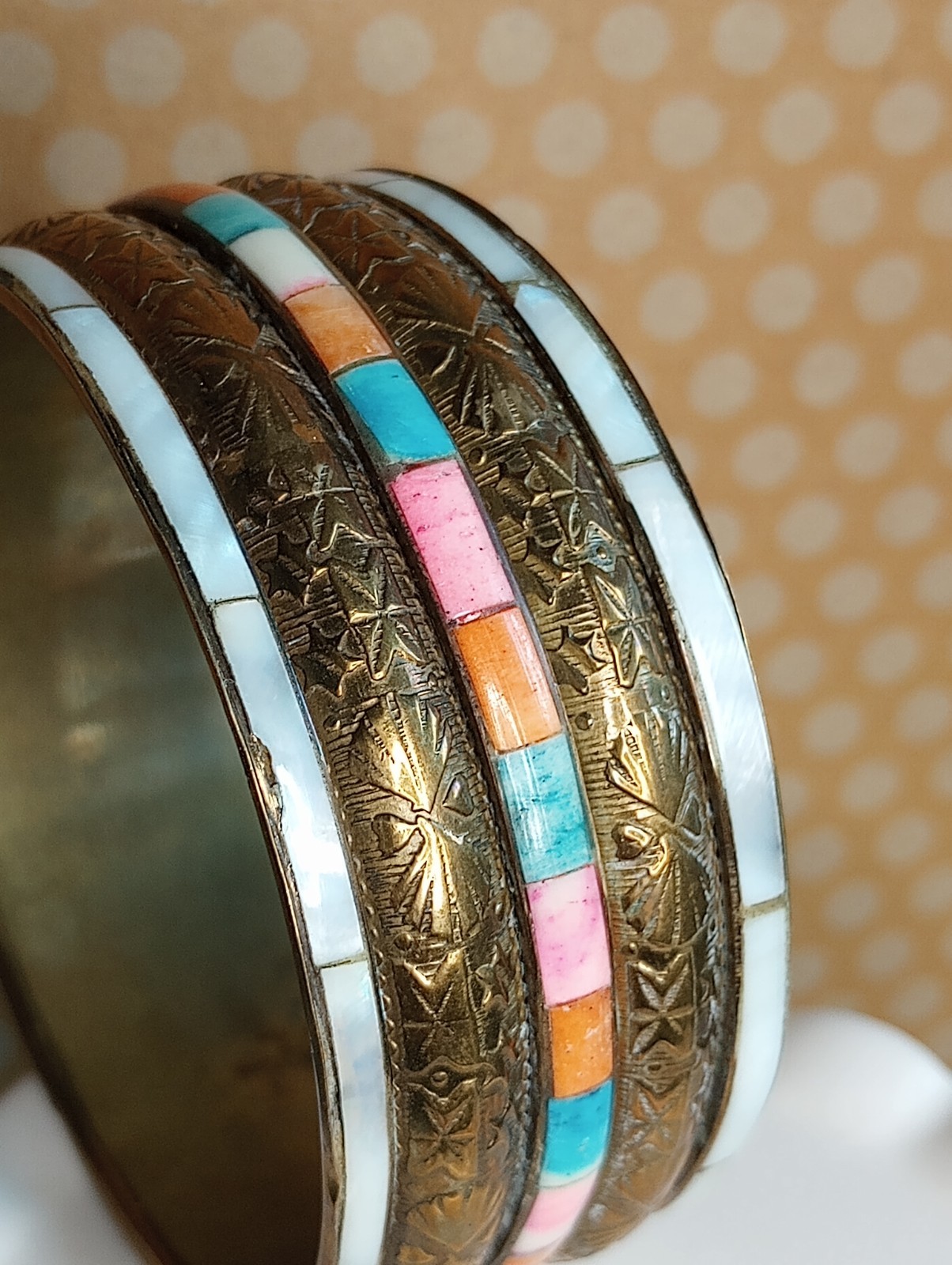 Vtg. Embossed Design Abalone Shell with Multicolo… - image 5