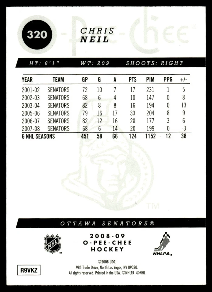 2008-09 O-Pee-Chee Gold Chris Neil Ottawa Senators #320 - Image 2 of 2