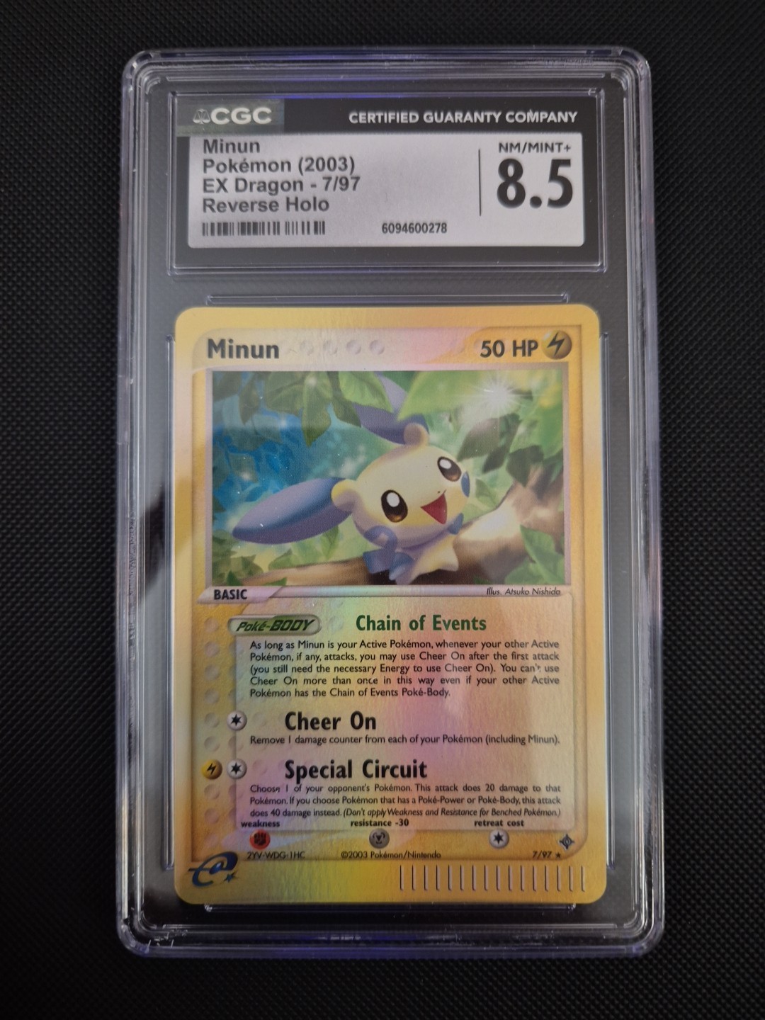 Minun Pokémon 2003 Ex Dragon 7/97 Reverse Holo Graded CGC 8.5 NM/MINT