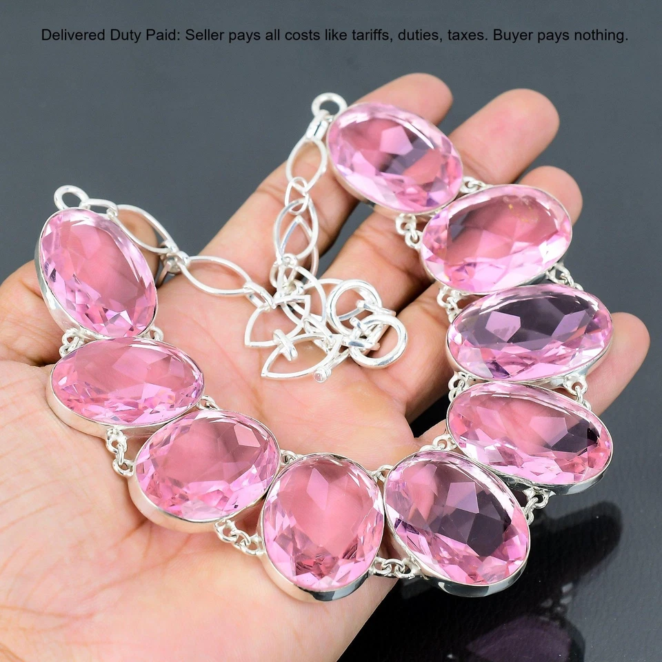 Venta de Halloween Plata de Ley 925 Ovalada Natural Rosa Kuncita Cadena Nuevo Collar Foto 4 de 4