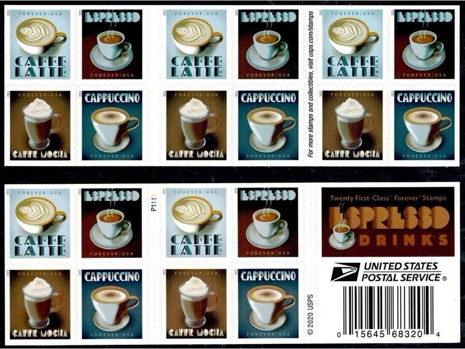 USPS Postage Stamps Sheet of 20 First Class Letter Espresso Drinks Forever stamp