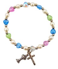 Silver Tone First Communion Chalice Charm Bracelet with Multi-Color Heart Beads,