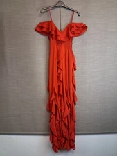 Pretty Little Thing Cold Shoulder Ruffle Maxi Dress Size 12 Red Holiday Wedding