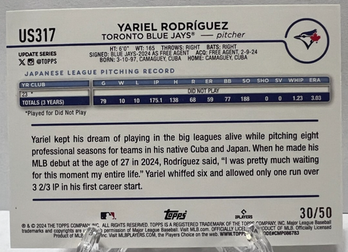 2024 Topps Update Yariel Rodriguez Skeleton Halloween RC 30/50 Blue Jays - Bild 2 von 2