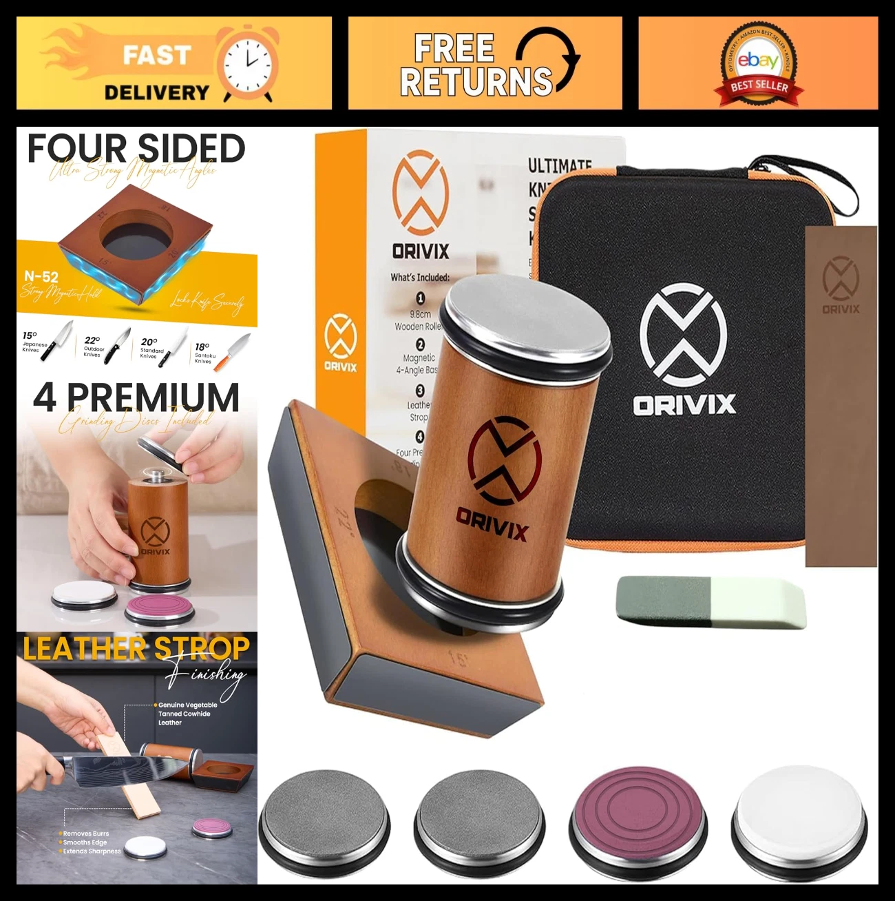 Knife Sharpener Kit with Magnetic Base, 4-Angle Design, Wooden Roller & 4 Grit D