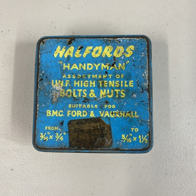 #ad Vintage Halfords quot;Handymanquot; tin with bolts amp; nuts for BMCFord amp; Vauxhall cars. GBP 17.99