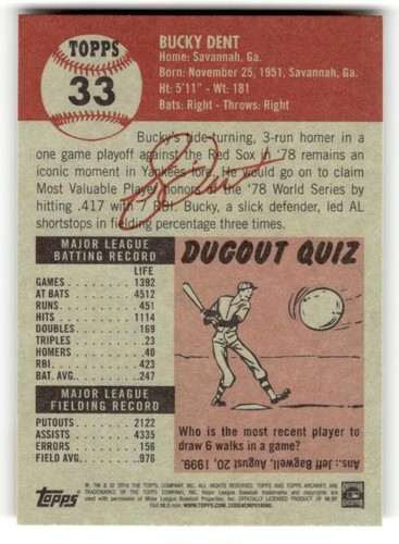 2016 Topps Archives #33 Bucky Dent - Picture 2 of 2