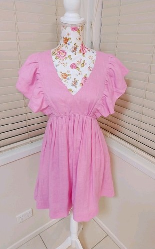 Forever New Lola Linen Flutter Sleeve Mini DressPink Size 8 Pocket Fit N Flare - Picture 4 of 11