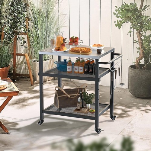 Outdoor Grill Speisewagen Doppelablage BBQ Grill beweglich Lebensmittelzubereitungswagen Terrasse - Bild 4 von 5