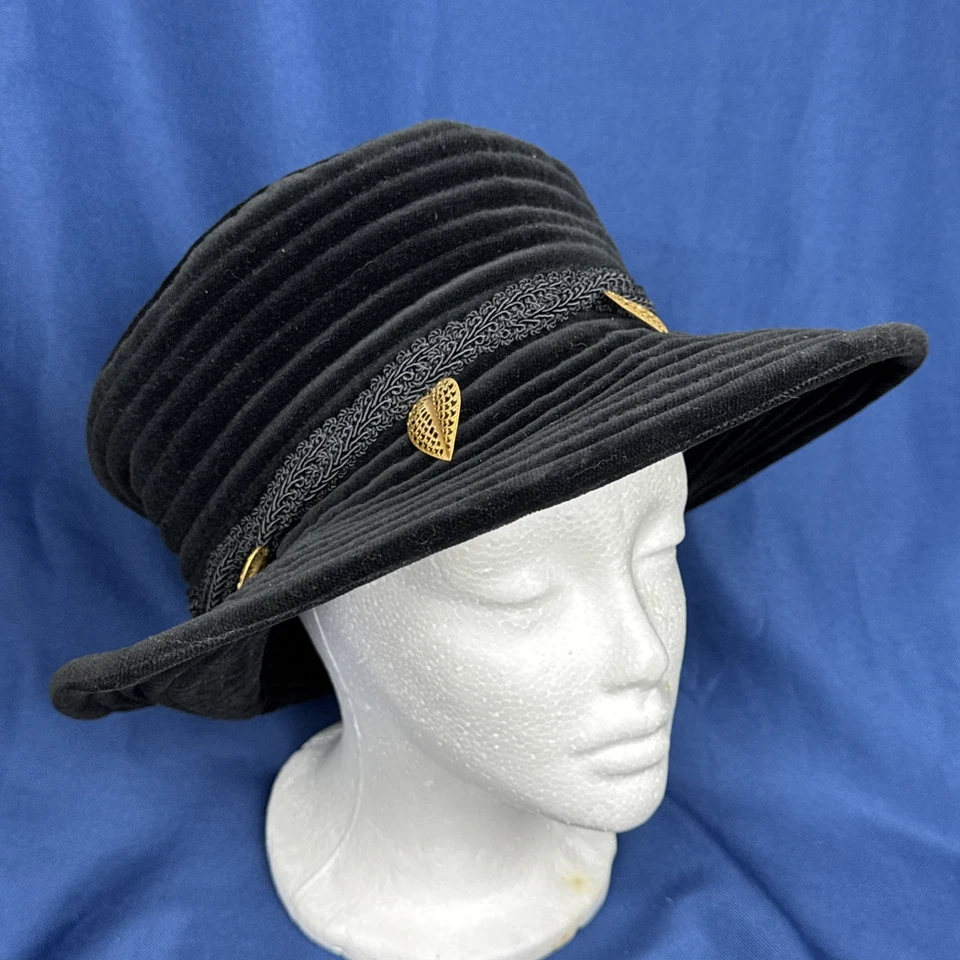 Sombrero Eric Javits Negro Terciopelo Steampunk Chapado en Oro Hojas Circunferencia 217/8 Pulgadas Foto 3 de 4