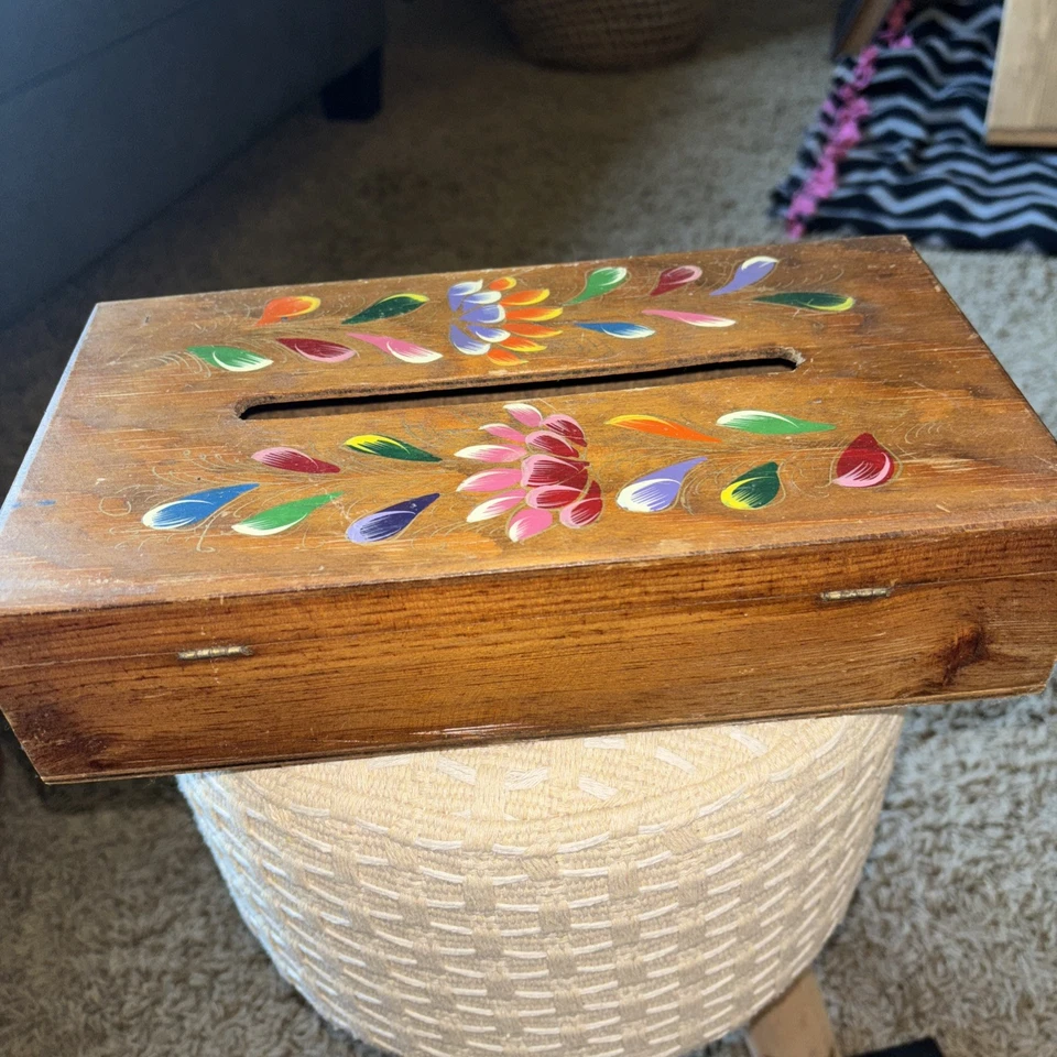 Vintage Hand Painted Wooden Tissue Box 11” x 6” - Image 3 of 4