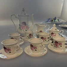 Roses Coffee Tea Pot Sugar Bowl/Lid, Creamer, 6 Teacups/Saucers Set Poland China