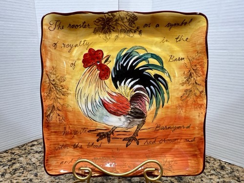 Beautiful Vintage Vibrant “Strolling Rooster” 11.5” Ceramic Square Platter EUC - Picture 9 of 14