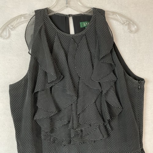 Vestido Lauren Ralph Lauren Mujer 10 Negro Lunares Seda Volantes Sin Mangas - Imagen 7 de 16