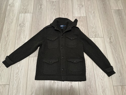 POLO by RALPH LAUREN Sweater Jacket Men Sz M Heavy Wool Leather Trim Vtg Rare - Picture 1 of 9